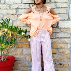 Pantalon jambes larges rayé saumon blanc taille 40